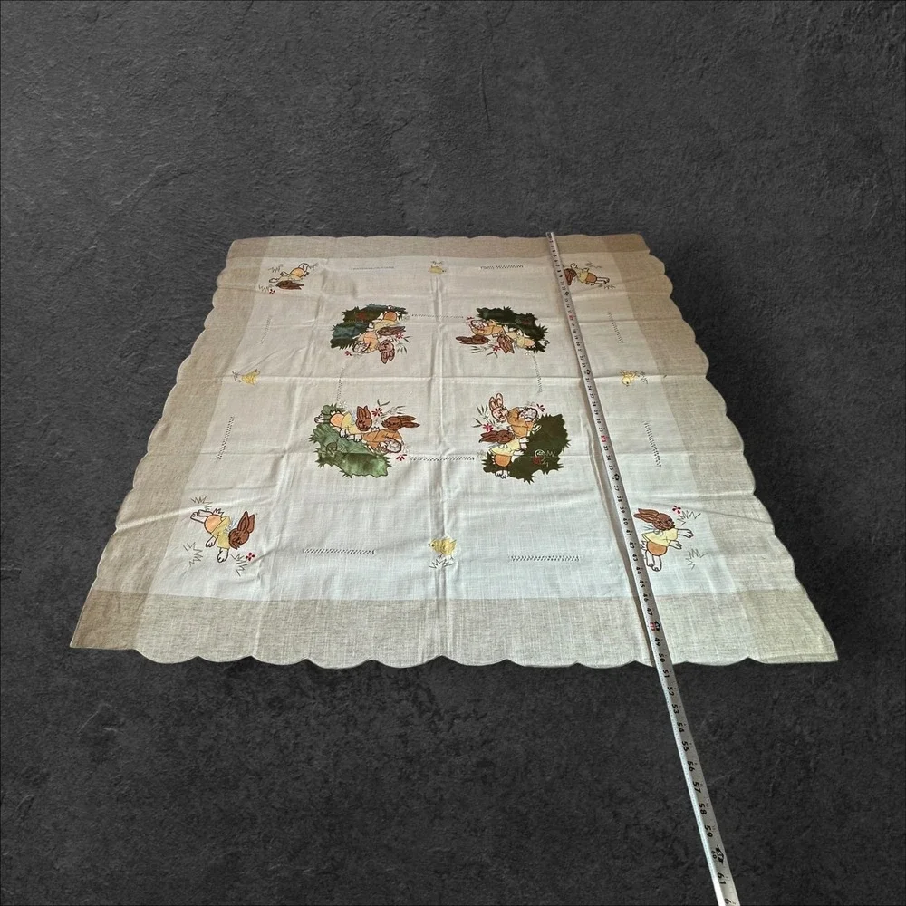 Easter Bunny Tablecloth 50x50 White Beige Embroidered Spring